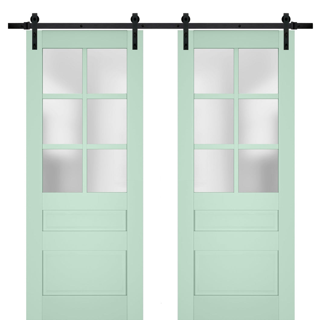 Veregio 7339 Oliva Double Barn Door with Frosted Glass and Black Rail