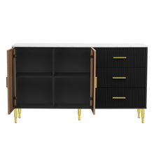 Carregar imagem no visualizador da galeria, Modern Sideboard MDF Buffet Cabinet Marble Sticker Tabletop and Amber-yellow Tempered Glass Doors with Gold Metal Legs &amp; Handles (Black)
