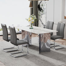 Carregar imagem no visualizador da galeria, Modern minimalist dining table. Imitation marble glass sticker desktop, stainless steel legs, stable and beautiful. 4 premium PU seats. 63 inches x 35.4 inches x 29.5 inches DT-69
