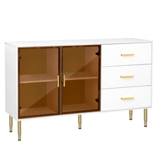 Carregar imagem no visualizador da galeria, Modern Sideboard MDF Buffet Cabinet Marble Sticker Tabletop and Amber-yellow Tempered Glass Doors with Gold Metal Legs &amp; Handles (White)
