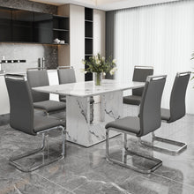 Carregar imagem no visualizador da galeria, A simple dining table. A dining table with a white marble pattern. 6 PU synthetic leather high backrest cushioned side chairs with C-shaped silver metal legs. DT-SQ-16090-wh
