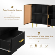 Carregar imagem no visualizador da galeria, Modern Sideboard MDF Buffet Cabinet Marble Sticker Tabletop and Amber-yellow Tempered Glass Doors with Gold Metal Legs &amp; Handles (Black)
