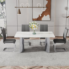 Carregar imagem no visualizador da galeria, Modern minimalist dining table. Imitation marble glass sticker desktop, stainless steel legs, stable and beautiful. 4 premium PU seats. 63 inches x 35.4 inches x 29.5 inches DT-69
