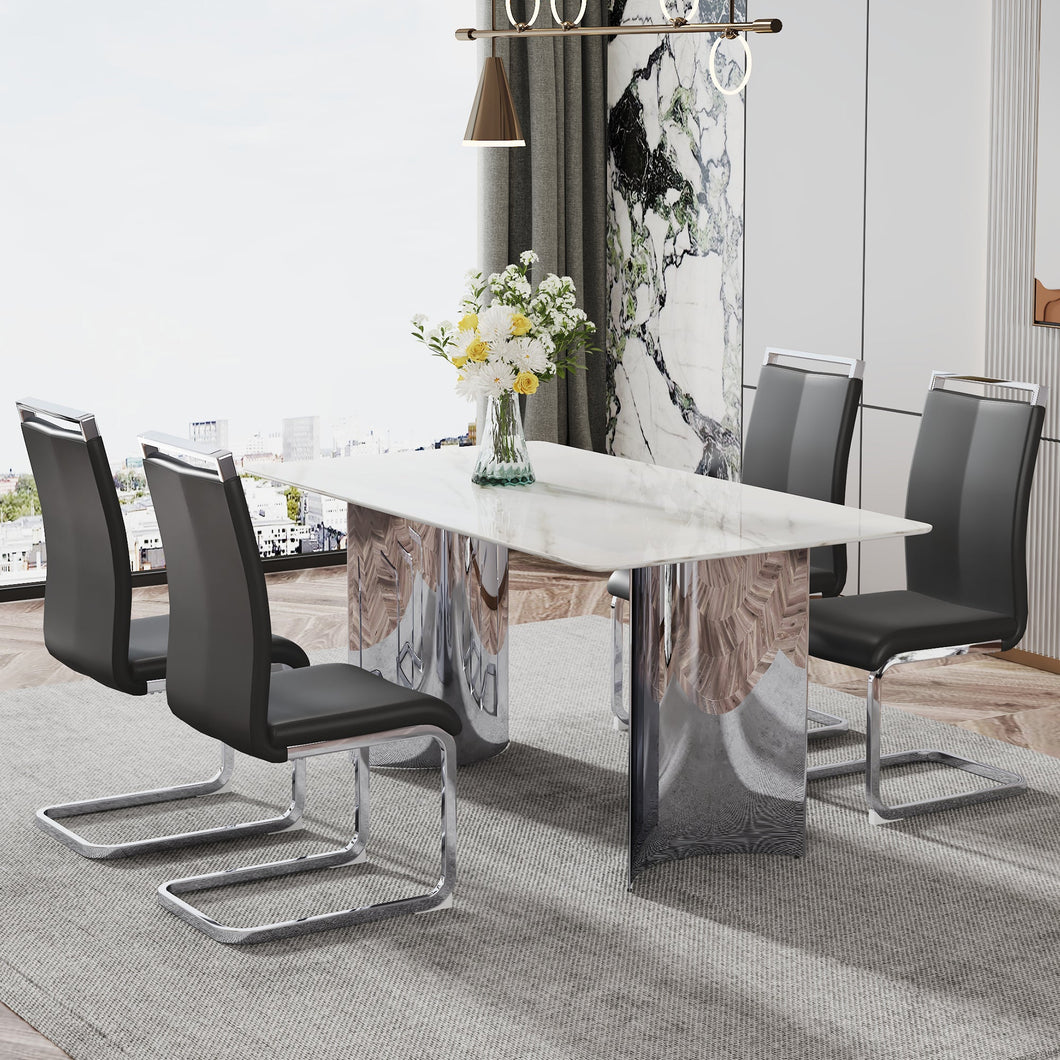 Modern minimalist dining table. Imitation marble glass sticker desktop, stainless steel legs, stable and beautiful. 4 black PU seats. 63 