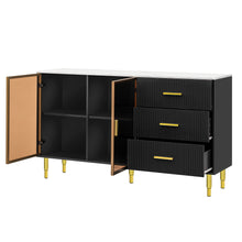 Carregar imagem no visualizador da galeria, Modern Sideboard MDF Buffet Cabinet Marble Sticker Tabletop and Amber-yellow Tempered Glass Doors with Gold Metal Legs &amp; Handles (Black)
