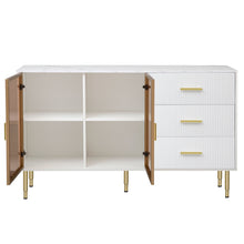 Carregar imagem no visualizador da galeria, Modern Sideboard MDF Buffet Cabinet Marble Sticker Tabletop and Amber-yellow Tempered Glass Doors with Gold Metal Legs &amp; Handles (White)
