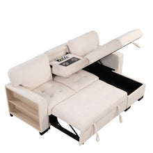 Carregar imagem no visualizador da galeria, Stylish and Functional Light Chaise Lounge Sectional with Storage Rack Pull-out Bed Drop Down Table and USB Charger Beige
