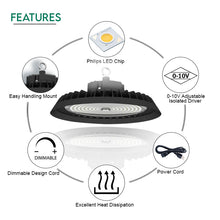 Load image into Gallery viewer, 240W Tunable LED UFO High Bay Lighting, 5000K CCT, 150LM/W - Dimmable LED Warehouse Lighting Solution
