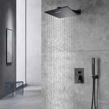Load image into Gallery viewer, 12&#39;&#39; or 16&#39;&#39; Matte Black Wall Mounted Rainfall Shower Faucet with LED or Non-LED Light - Dual Function with Pressure Balance Rough-In Valve
