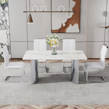 Carregar imagem no visualizador da galeria, Modern minimalist dining table. White imitation marble glass sticker desktop, stainless steel legs, stable and beautiful. Suitable for living room and dining room 63&quot; x35.4&quot; x29.5&quot; DT-69
