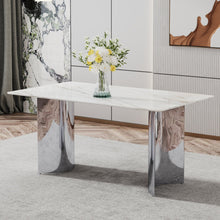 Carregar imagem no visualizador da galeria, Modern minimalist dining table. White imitation marble glass sticker desktop, stainless steel legs, stable and beautiful. Suitable for living room and dining room 63&quot; x35.4&quot; x29.5&quot; DT-69
