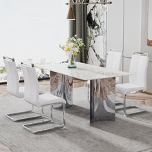 Carregar imagem no visualizador da galeria, Modern minimalist dining table. White imitation marble glass sticker desktop, stainless steel legs, stable and beautiful. Suitable for living room and dining room 63&quot; x35.4&quot; x29.5&quot; DT-69
