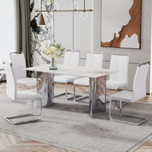 Carregar imagem no visualizador da galeria, Modern minimalist dining table. White imitation marble glass sticker desktop, stainless steel legs, stable and beautiful. Suitable for living room and dining room 63&quot; x35.4&quot; x29.5&quot; DT-69
