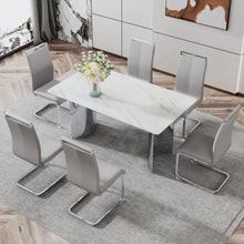 Carregar imagem no visualizador da galeria, Modern minimalist dining table. White imitation marble glass sticker desktop, stainless steel legs, stable and beautiful. Suitable for living room and dining room 63&quot; x35.4&quot; x29.5&quot; DT-69
