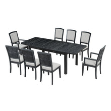 Carregar imagem no visualizador da galeria, Rustic Extendable 84inch Dining Table Set with 24inch Removable Leaf, 6 Upholstered Armless Dining Chairs and 2 Padded Arm Chairs, 9 Pieces, Black
