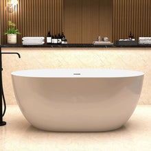 Carregar imagem no visualizador da galeria, 59&quot; Acrylic Free Standing Tub - Classic Oval Shape Soaking Tub, Adjustable Freestanding Bathtub with Integrated Slotted Overflow and Chrome Pop-up Drain Anti-clogging Gloss White
