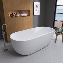 Carregar imagem no visualizador da galeria, 55&quot; Acrylic Free Standing Tub - Classic Oval Shape Soaking Tub, Adjustable Freestanding Bathtub with Integrated Slotted Overflow and Chrome Pop-up Drain Anti-clogging Matte White
