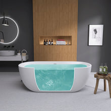 Carregar imagem no visualizador da galeria, 55&quot; Acrylic Free Standing Tub - Classic Oval Shape Soaking Tub, Adjustable Freestanding Bathtub with Integrated Slotted Overflow and Chrome Pop-up Drain Anti-clogging Matte White
