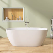 Carregar imagem no visualizador da galeria, 59&quot; Acrylic Free Standing Tub - Classic Oval Shape Soaking Tub, Adjustable Freestanding Bathtub with Integrated Slotted Overflow and Chrome Pop-up Drain Anti-clogging Gloss White
