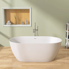 Carregar imagem no visualizador da galeria, 59&quot; Acrylic Free Standing Tub - Classic Oval Shape Soaking Tub, Adjustable Freestanding Bathtub with Integrated Slotted Overflow and Chrome Pop-up Drain Anti-clogging Gloss White
